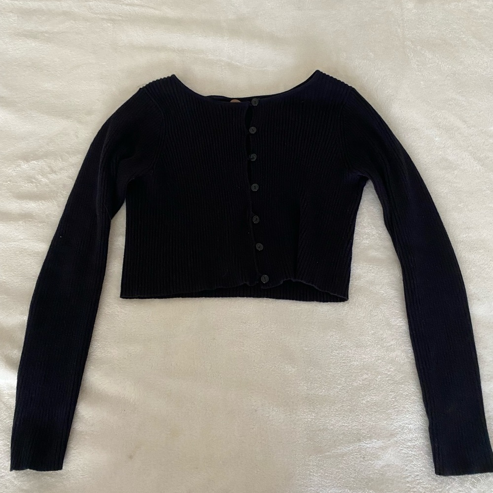 Free people navy button up crop long sleeve top